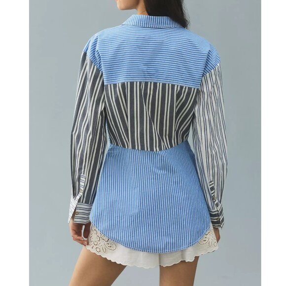Anthropologie Pilcro Reworked Mixed Stripe Buttondown Shirt Blue Small - Picture 2 of 8
